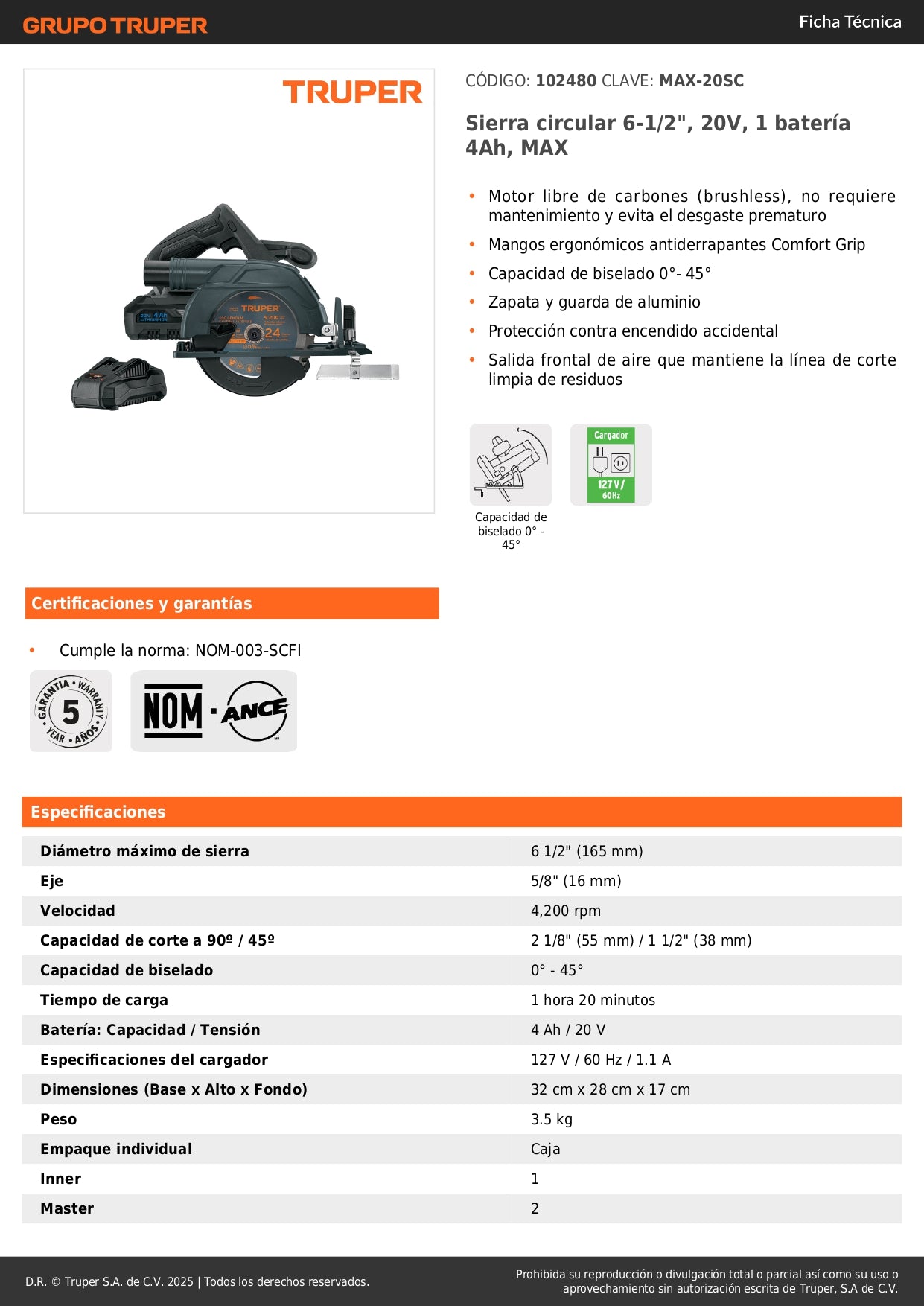 Sierra Circular Inalámbrica 6-1/2" 20V MAX-20SC Motor Brushless - Cortes Precisos Sin Cables Para Carpintería y Construcción