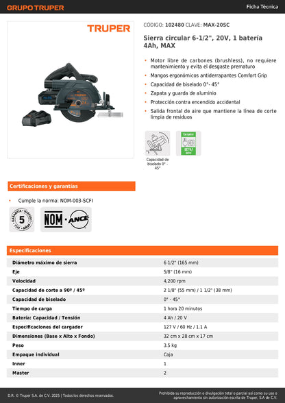 Sierra Circular Inalámbrica 6-1/2" 20V MAX-20SC Motor Brushless - Cortes Precisos Sin Cables Para Carpintería y Construcción