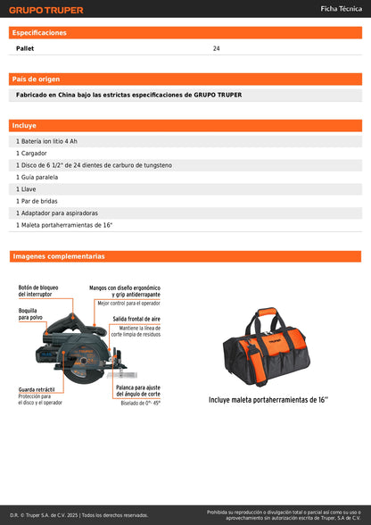 Sierra Circular Inalámbrica 6-1/2" 20V MAX-20SC Motor Brushless - Cortes Precisos Sin Cables Para Carpintería y Construcción