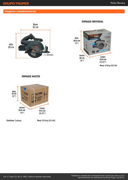 Sierra Circular Inalámbrica 6-1/2" 20V MAX-20SC Motor Brushless - Cortes Precisos Sin Cables Para Carpintería y Construcción