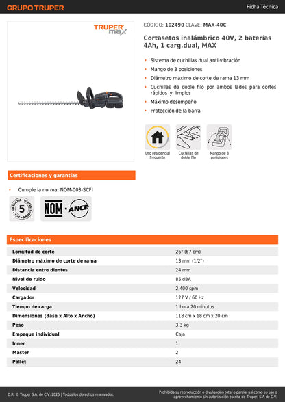 Cortasetos Inalámbrico 40V MAX-40C - Sistema Anti-Vibración con 2 Baterías 4Ah - Solución Profesional para Jardinería Sin Cables