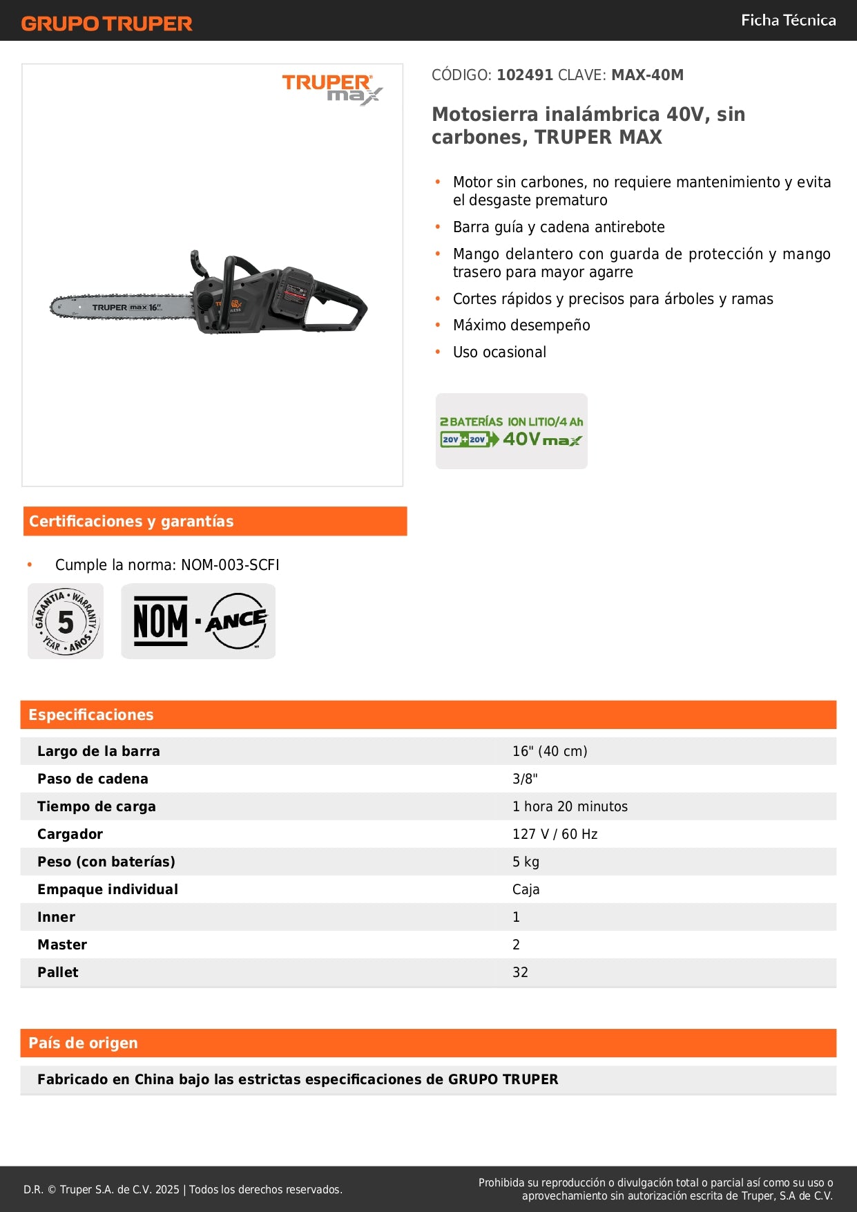 Motosierra Inalámbrica 40V TRUPER MAX-40M Sin Carbones - Corte Profesional Árboles y Ramas Sin Mantenimiento