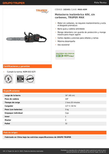 Motosierra Inalámbrica 40V TRUPER MAX-40M Sin Carbones - Corte Profesional Árboles y Ramas Sin Mantenimiento