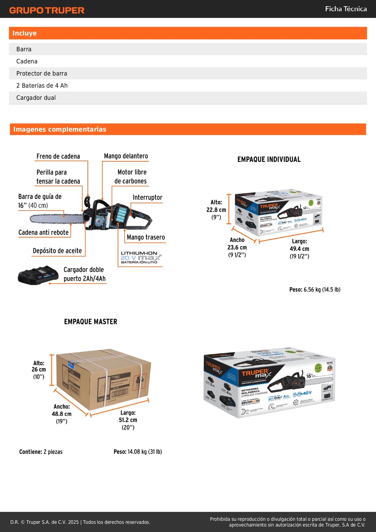 Motosierra Inalámbrica 40V TRUPER MAX-40M Sin Carbones - Corte Profesional Árboles y Ramas Sin Mantenimiento