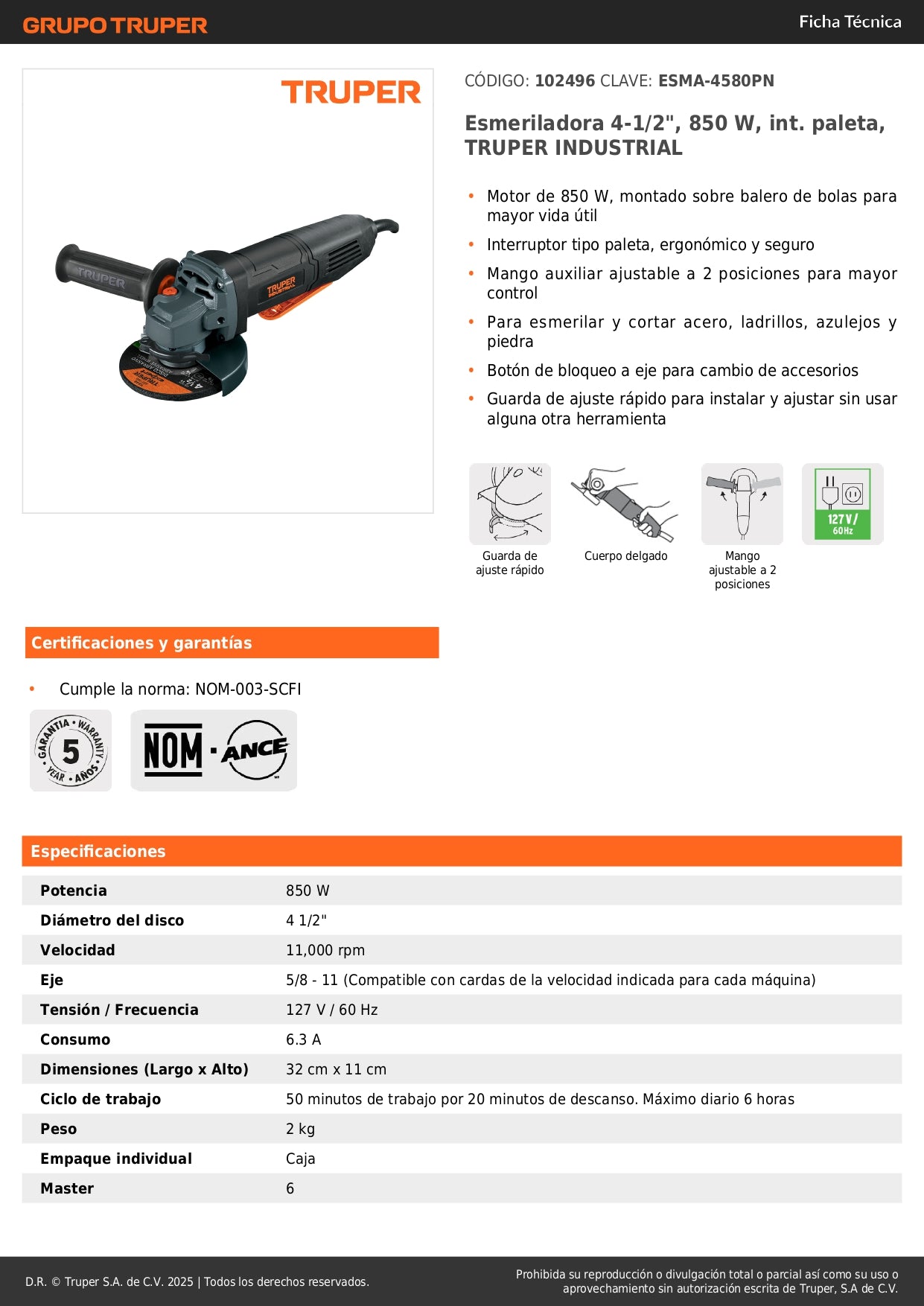 "Esmeriladora Angular TRUPER INDUSTRIAL 4.5" 850W - Motor Balero Bolas, Interruptor Paleta, Mango Ajustable - Corta y Esmerilar Acero, Ladrillo, Azulejo, Piedra - ESMA-4580PN"