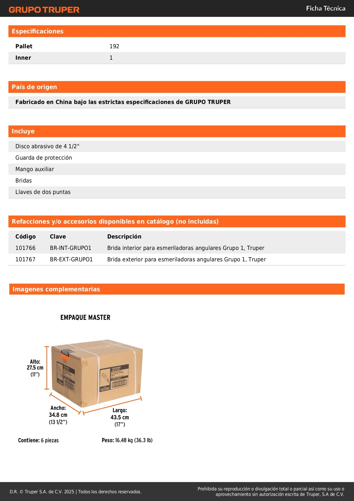 "Esmeriladora Angular TRUPER INDUSTRIAL 4.5" 850W - Motor Balero Bolas, Interruptor Paleta, Mango Ajustable - Corta y Esmerilar Acero, Ladrillo, Azulejo, Piedra - ESMA-4580PN"