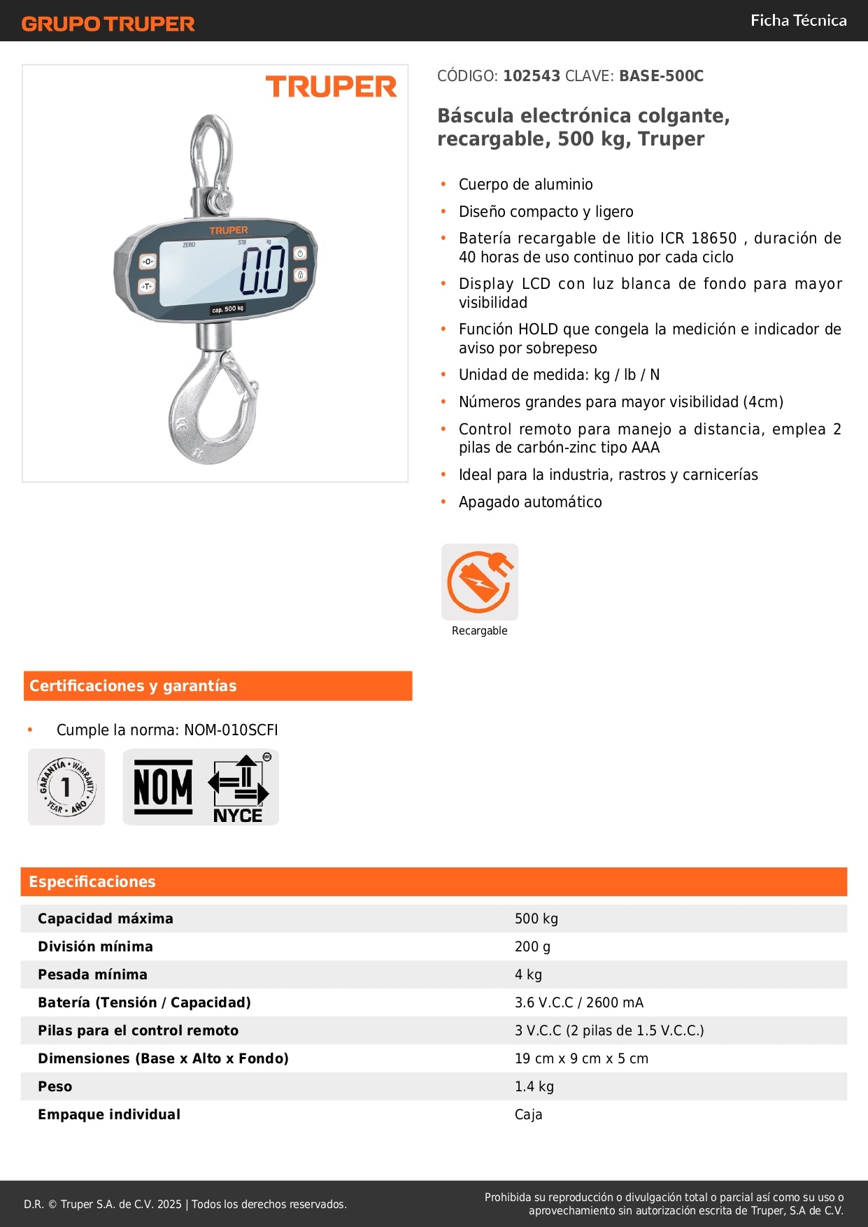 Báscula Electrónica Colgante Industrial 500kg Truper BASE-500C - Recargable con Display LCD y Control Remoto para Carnicerías y Rastros