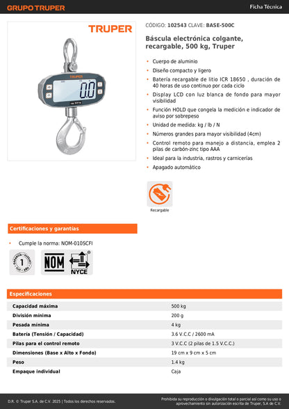 Báscula Electrónica Colgante Industrial 500kg Truper BASE-500C - Recargable con Display LCD y Control Remoto para Carnicerías y Rastros