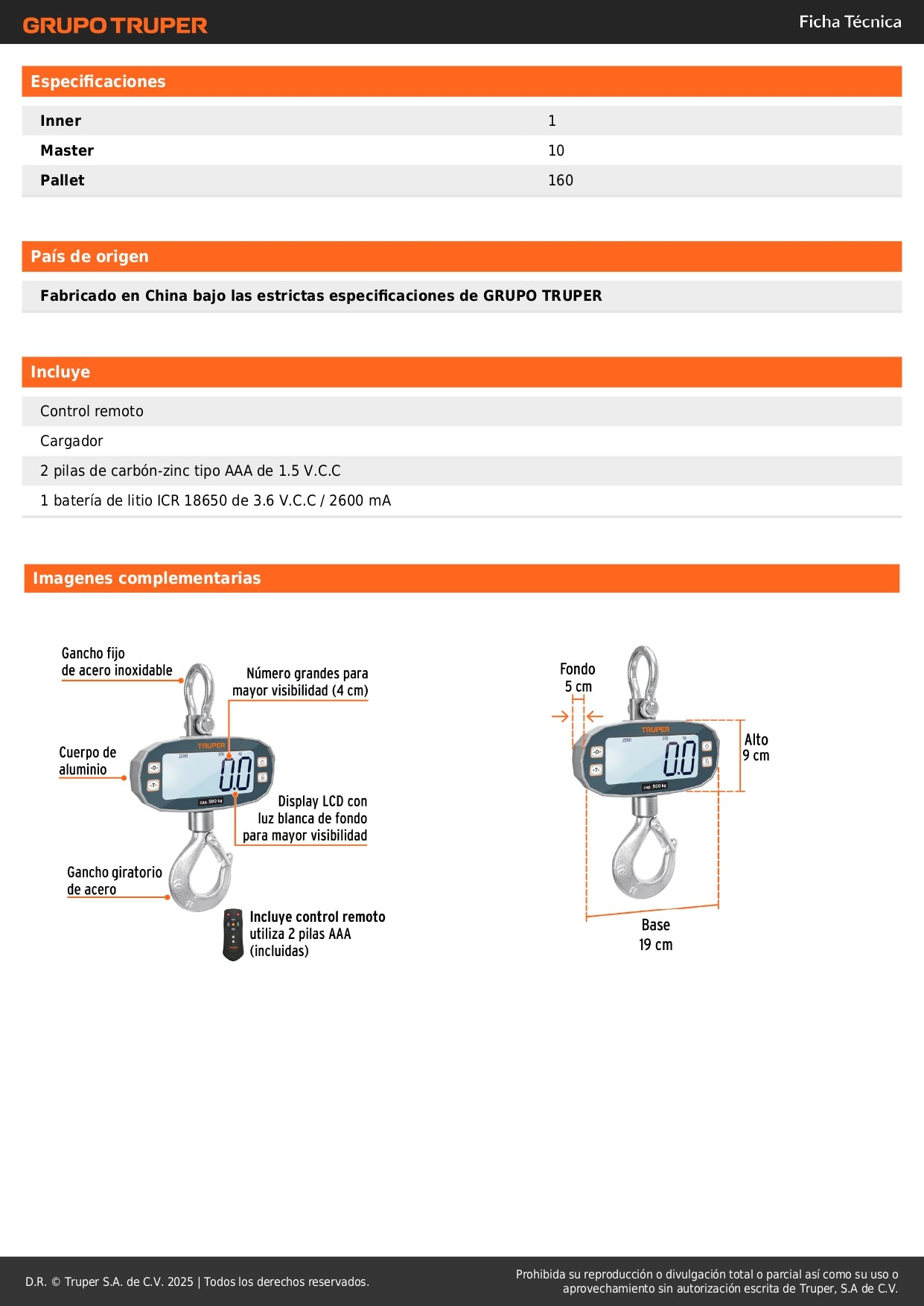 Báscula Electrónica Colgante Industrial 500kg Truper BASE-500C - Recargable con Display LCD y Control Remoto para Carnicerías y Rastros