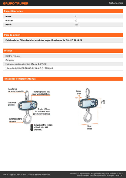 Báscula Electrónica Colgante Industrial 500kg Truper BASE-500C - Recargable con Display LCD y Control Remoto para Carnicerías y Rastros