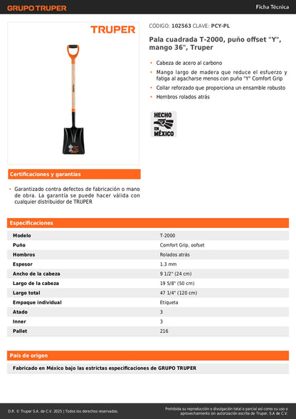 Pala Cuadrada Truper T-2000 Mango 36" Puño Y - Reduce Fatiga y Esfuerzo Excavación Jardín
