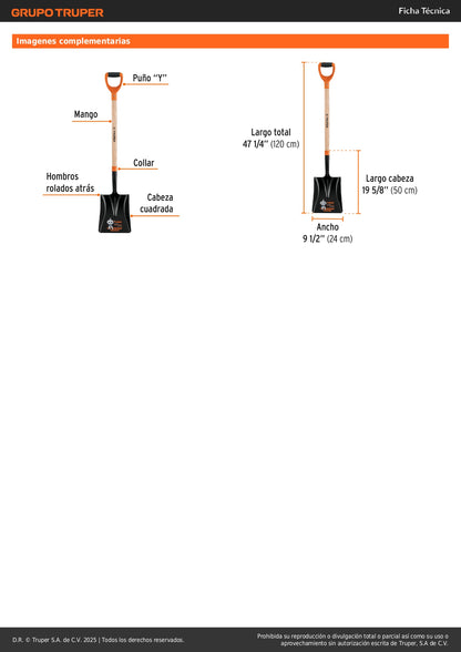 Pala Cuadrada Truper T-2000 Mango 36" Puño Y - Reduce Fatiga y Esfuerzo Excavación Jardín