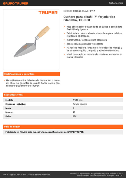 Cuchara Albañil 7 Pulgadas TRUPER CT-7 Forjada Filadelfia - Aplicación Profesional Mortero Cemento Construcción