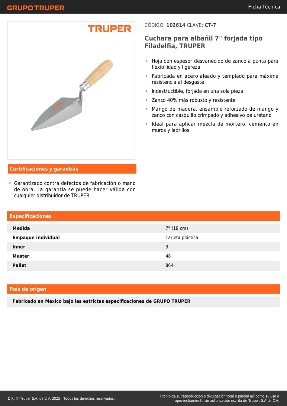 Cuchara Albañil 7 Pulgadas TRUPER CT-7 Forjada Filadelfia - Aplicación Profesional Mortero Cemento Construcción