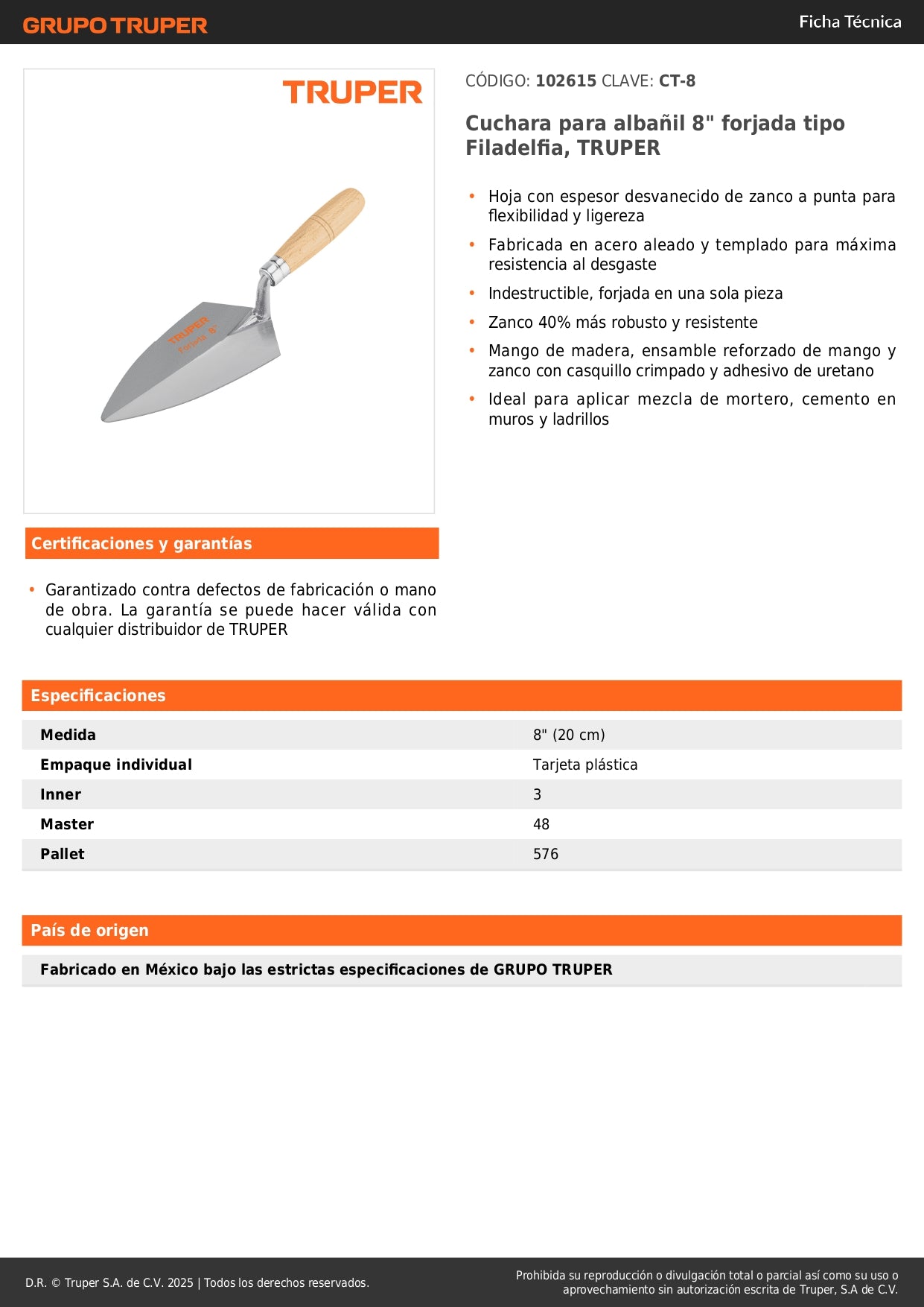 Cuchara Albañil 8 Pulgadas TRUPER CT-8 Forjada Filadelfia - Herramienta Profesional para Aplicar Mortero y Cemento en Construcción
