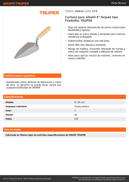 Cuchara Albañil 8 Pulgadas TRUPER CT-8 Forjada Filadelfia - Herramienta Profesional para Aplicar Mortero y Cemento en Construcción