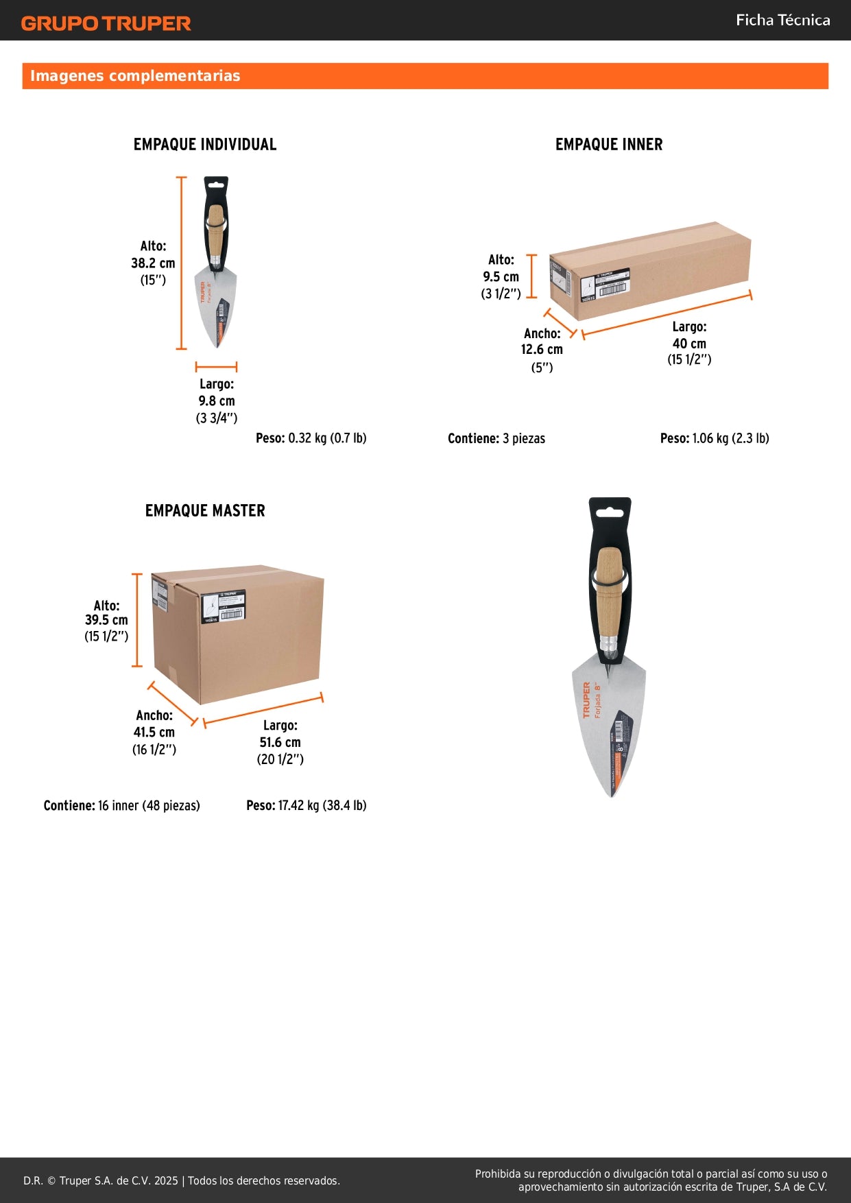 Cuchara Albañil 8 Pulgadas TRUPER CT-8 Forjada Filadelfia - Herramienta Profesional para Aplicar Mortero y Cemento en Construcción