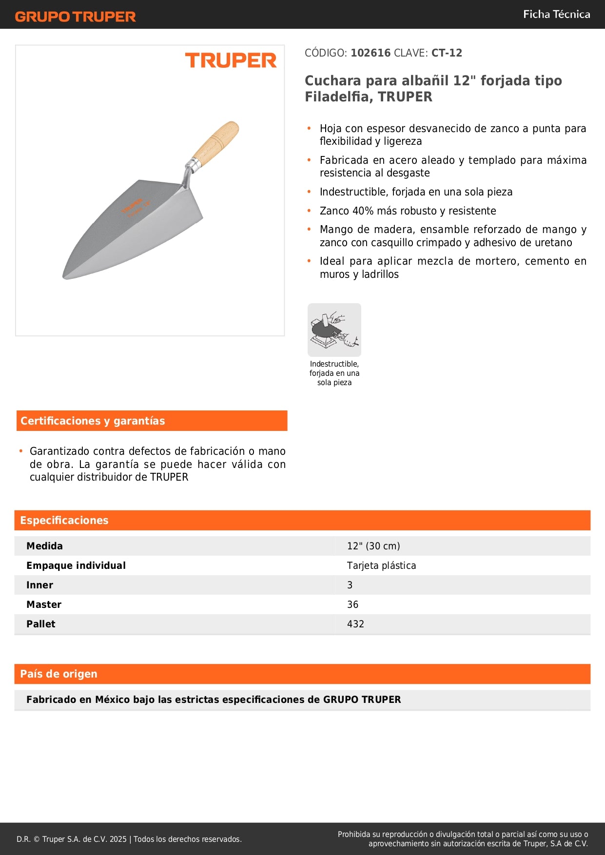 Cuchara Albañil 12 Pulgadas Forjada TRUPER CT-12 - Acero Templado Resistente para Mortero y Cemento