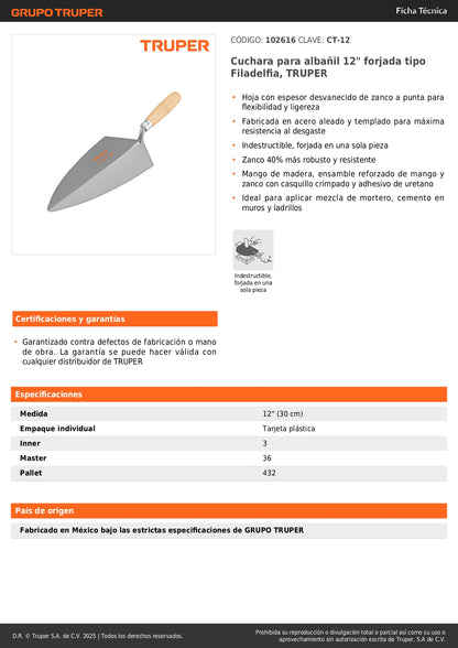 Cuchara Albañil 12 Pulgadas Forjada TRUPER CT-12 - Acero Templado Resistente para Mortero y Cemento