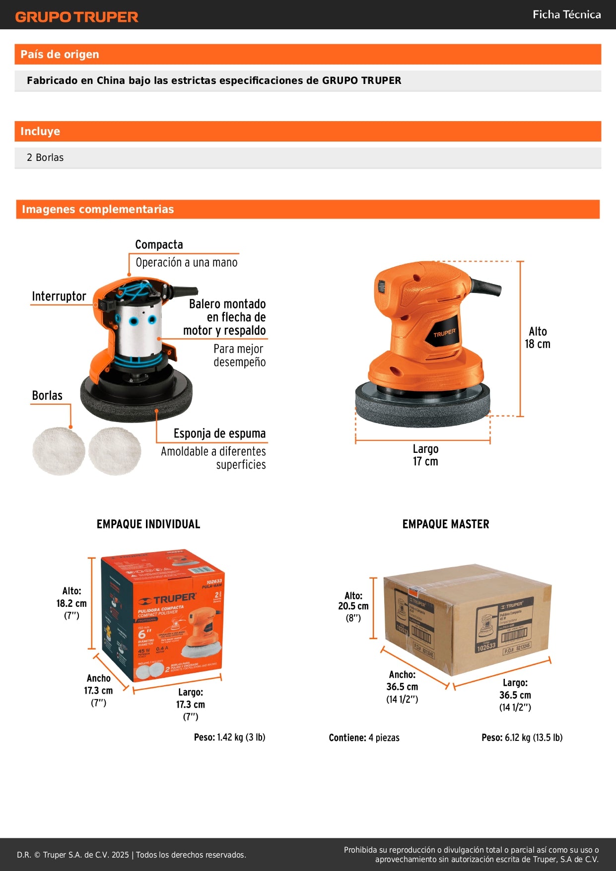 Pulidora Roto-Orbital TRUPER PRO 6" 45W - Elimina Rayones y Remolinos sin Dañar Pintura - Compacta Una Mano PULA-6AM