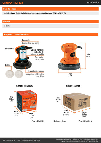 Pulidora Roto-Orbital TRUPER PRO 6" 45W - Elimina Rayones y Remolinos sin Dañar Pintura - Compacta Una Mano PULA-6AM