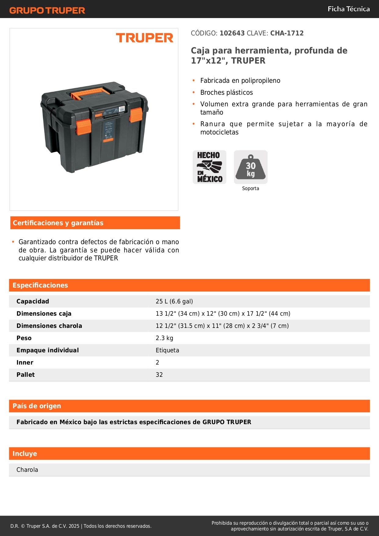 Caja Herramientas Profunda 17x12 TRUPER CHA-1712 - Organización Profesional Polipropileno Extra Grande