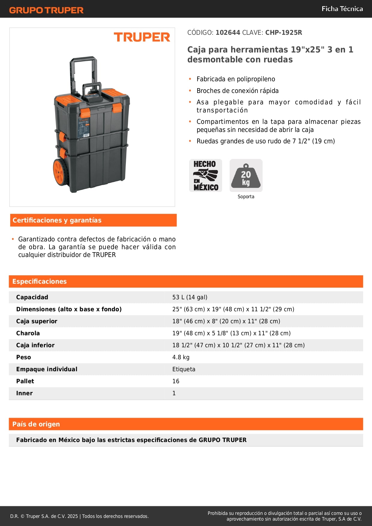 Caja de Herramientas Profesional 19x25 con Ruedas CHP-1925R - Solución Completa de Almacenamiento y Transporte para Herramientas