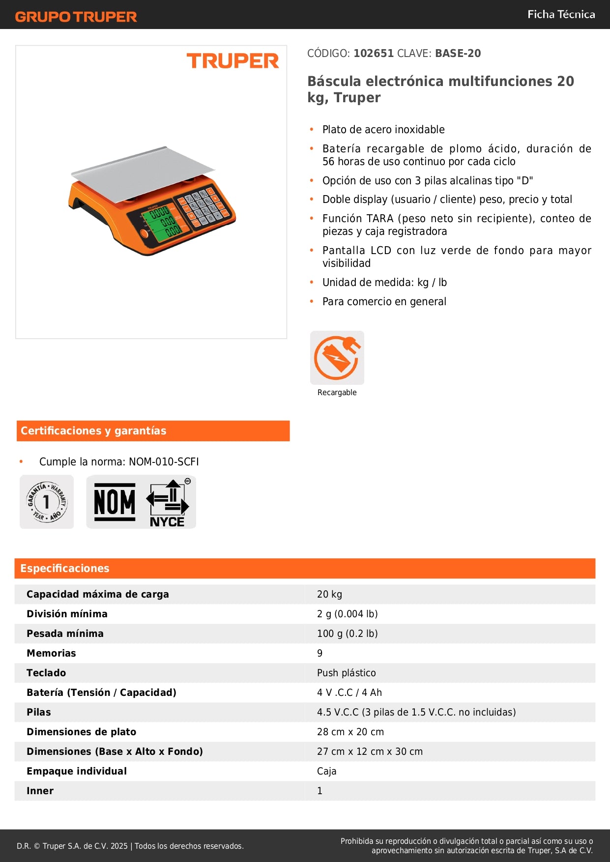Báscula Electrónica Comercial Truper 20kg - Doble Display LCD, Batería Recargable, Función TARA - Solución Profesional para Pesaje Preciso