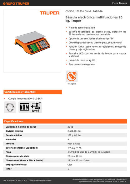 Báscula Electrónica Comercial Truper 20kg - Doble Display LCD, Batería Recargable, Función TARA - Solución Profesional para Pesaje Preciso
