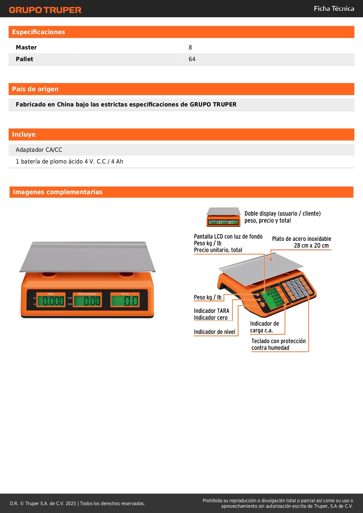 Báscula Electrónica Comercial Truper 20kg - Doble Display LCD, Batería Recargable, Función TARA - Solución Profesional para Pesaje Preciso