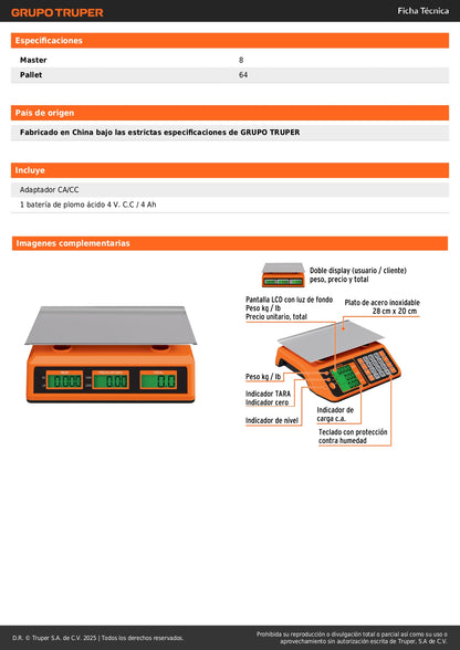 Báscula Electrónica Comercial Truper 20kg - Doble Display LCD, Batería Recargable, Función TARA - Solución Profesional para Pesaje Preciso