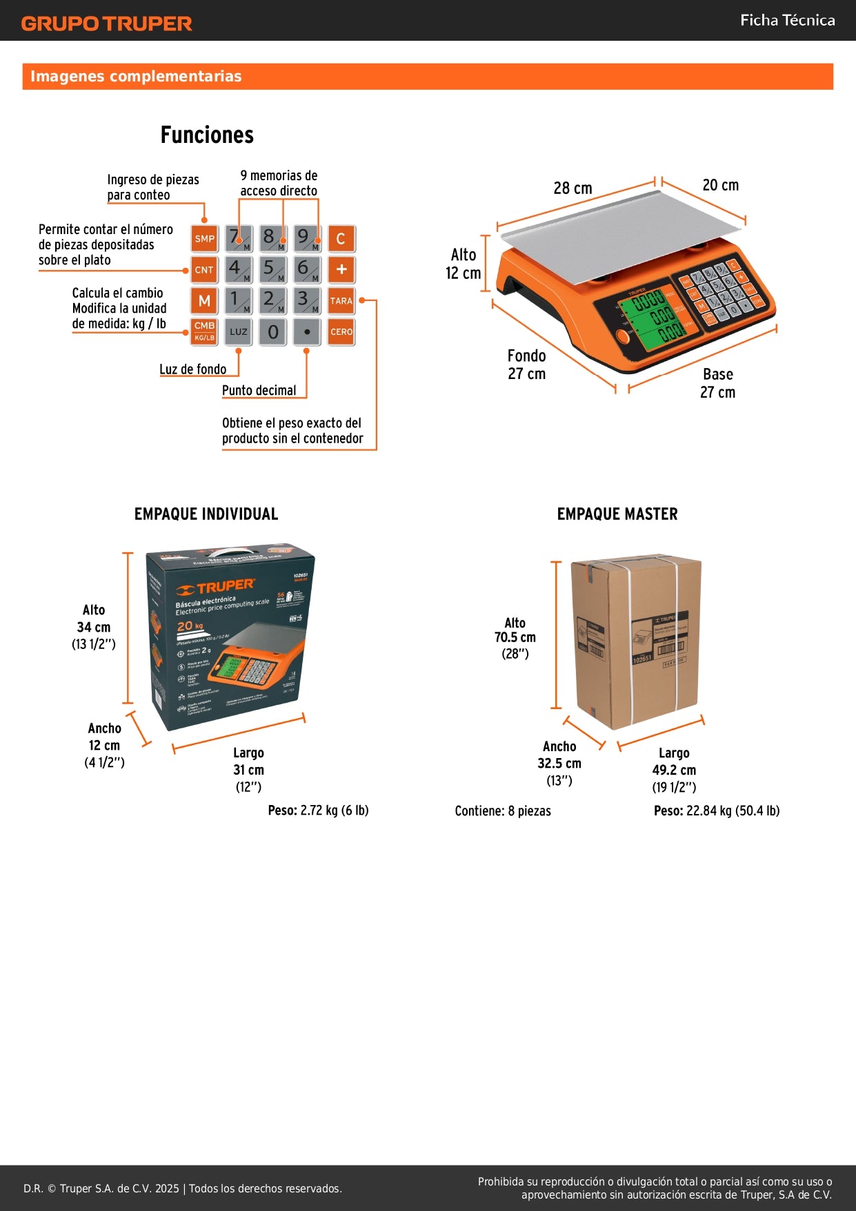 Báscula Electrónica Comercial Truper 20kg - Doble Display LCD, Batería Recargable, Función TARA - Solución Profesional para Pesaje Preciso