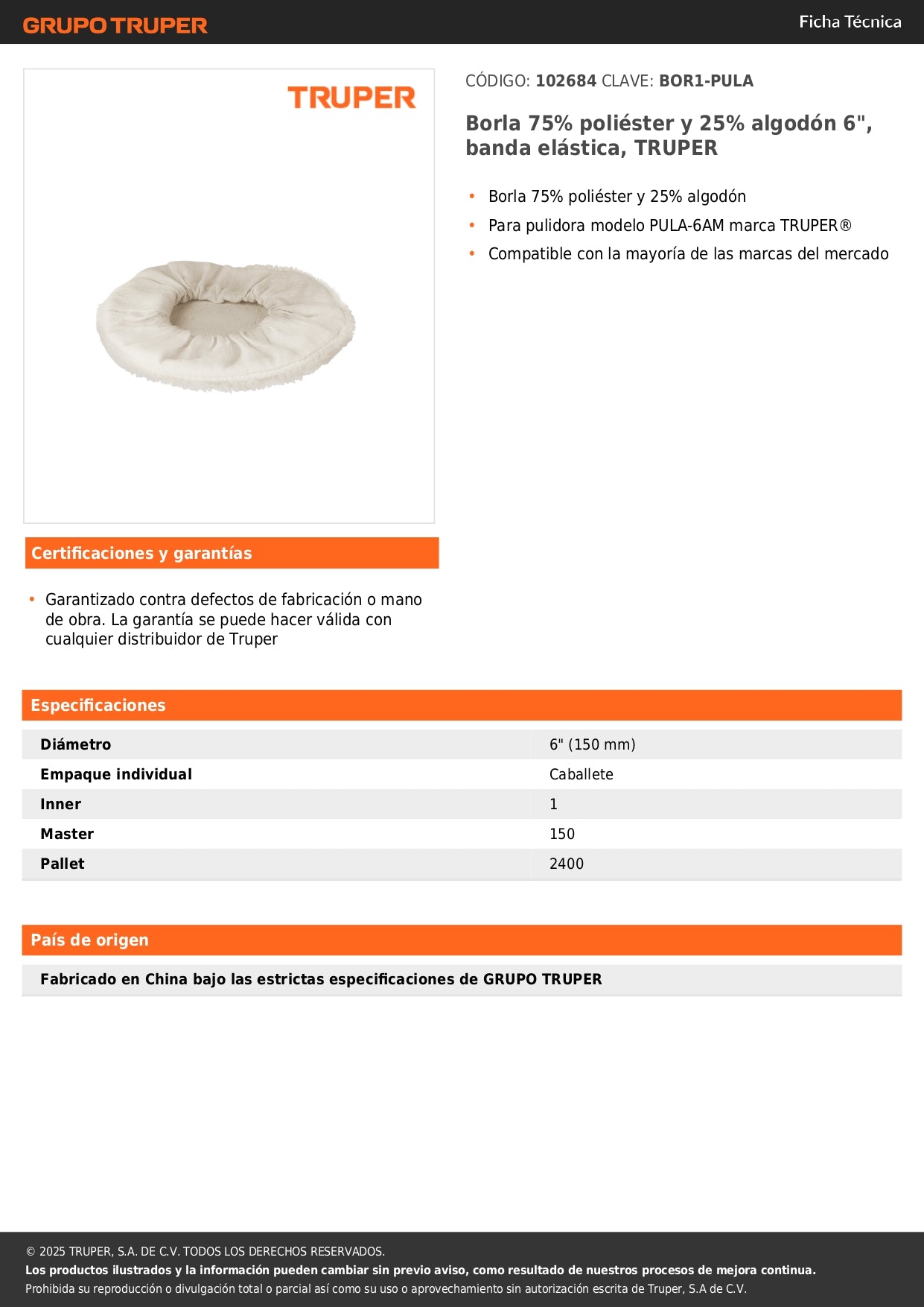 Borla 75% poliéster y 25% algodón 6", banda elástica, TRUPER