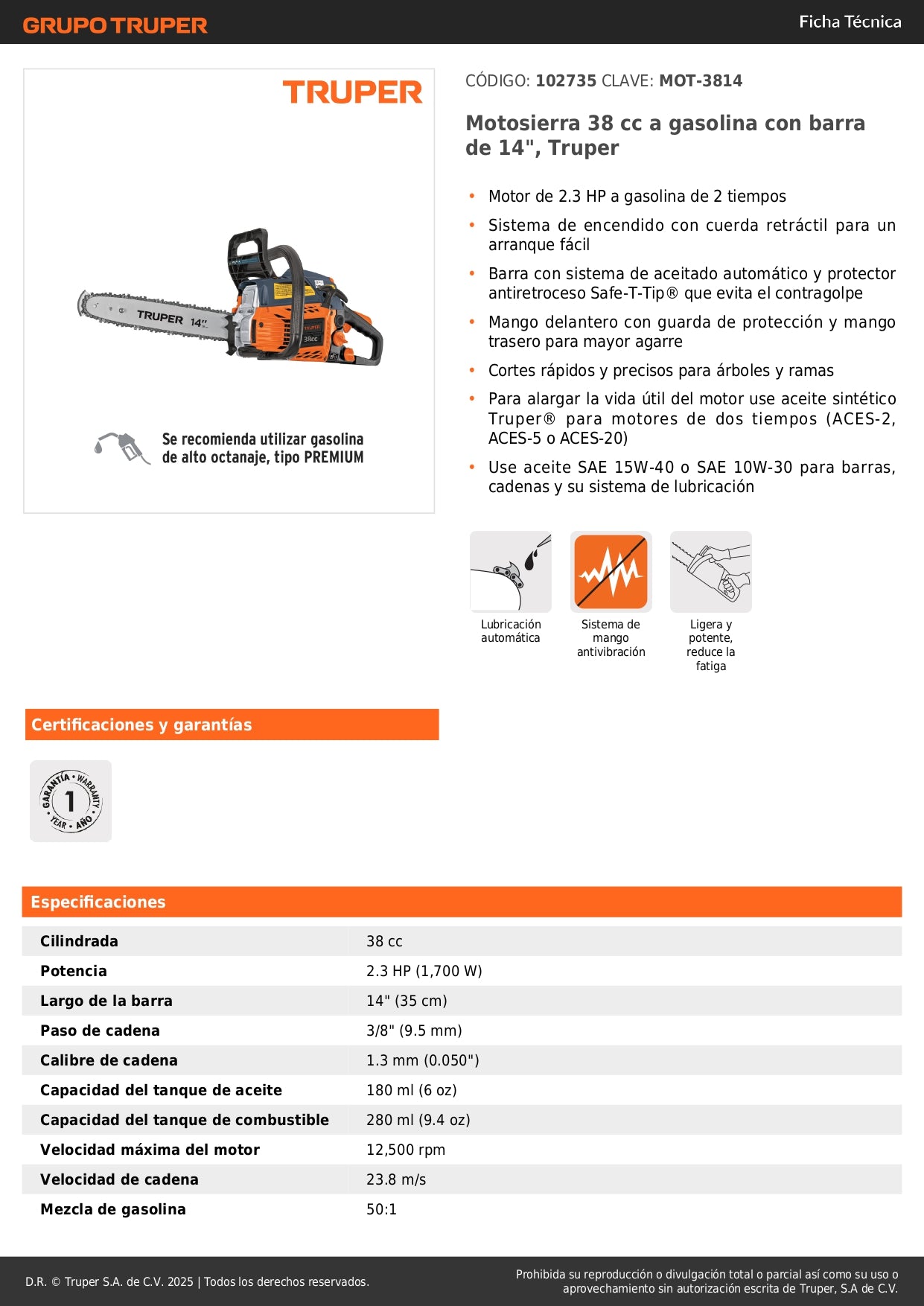 Motosierra Truper 38cc Gasolina 2.3HP Barra 14" - Corte Profesional Árboles y Poda con Sistema Antiretroceso Safe-T-Tip - MOT-3814