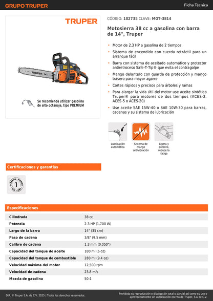 Motosierra Truper 38cc Gasolina 2.3HP Barra 14" - Corte Profesional Árboles y Poda con Sistema Antiretroceso Safe-T-Tip - MOT-3814