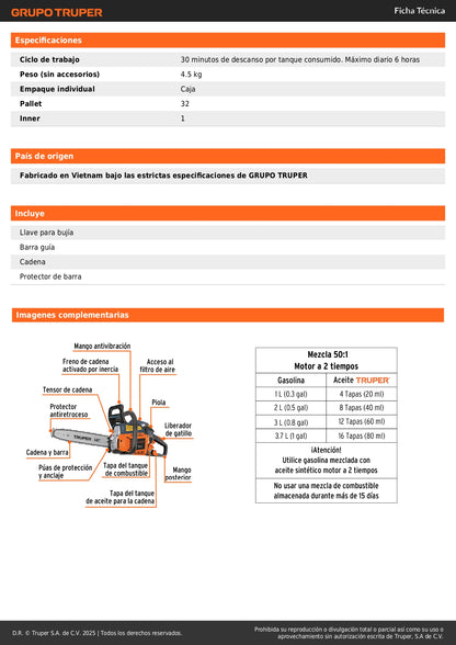 Motosierra Truper 38cc Gasolina 2.3HP Barra 14" - Corte Profesional Árboles y Poda con Sistema Antiretroceso Safe-T-Tip - MOT-3814