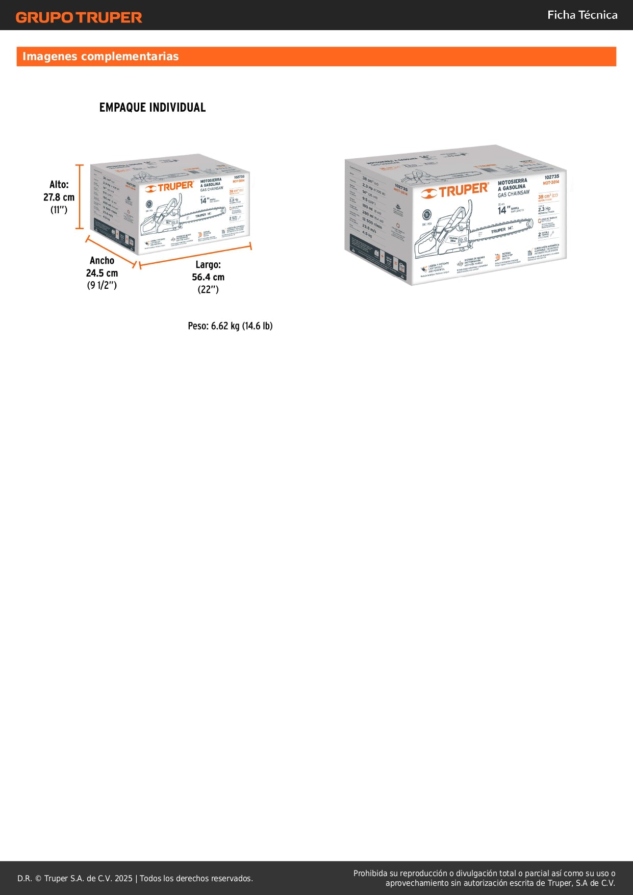 Motosierra Truper 38cc Gasolina 2.3HP Barra 14" - Corte Profesional Árboles y Poda con Sistema Antiretroceso Safe-T-Tip - MOT-3814