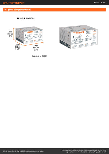 Motosierra Truper 38cc Gasolina 2.3HP Barra 14" - Corte Profesional Árboles y Poda con Sistema Antiretroceso Safe-T-Tip - MOT-3814