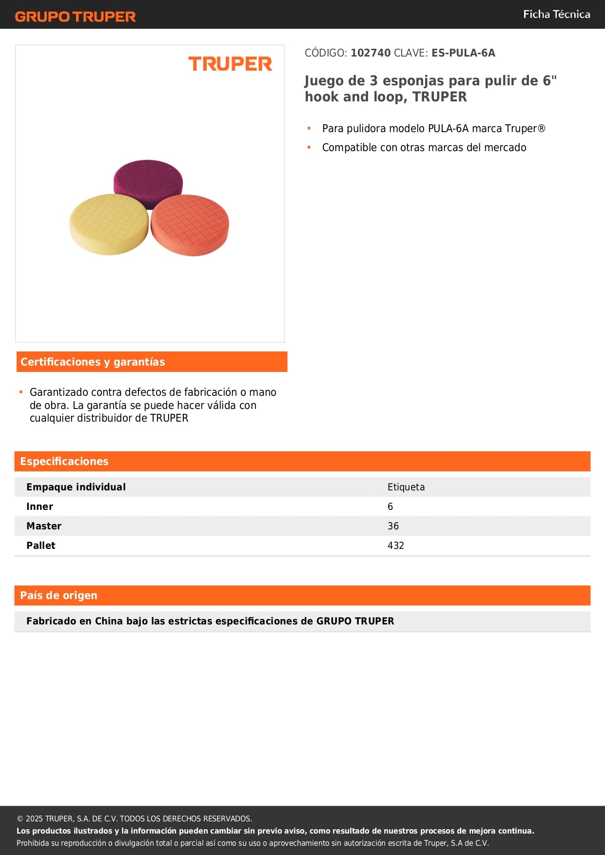 Juego de 3 esponjas para pulir de 6" hook and loop, TRUPER