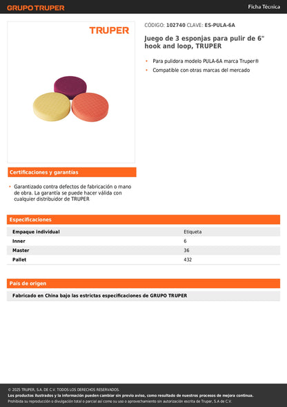 Juego de 3 esponjas para pulir de 6" hook and loop, TRUPER