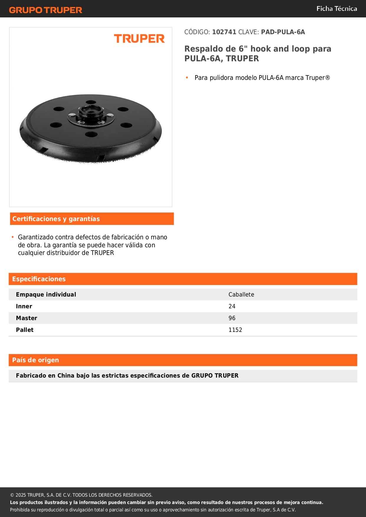 Respaldo de 6" hook and loop para PULA-6A, TRUPER