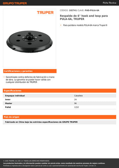 Respaldo de 6" hook and loop para PULA-6A, TRUPER
