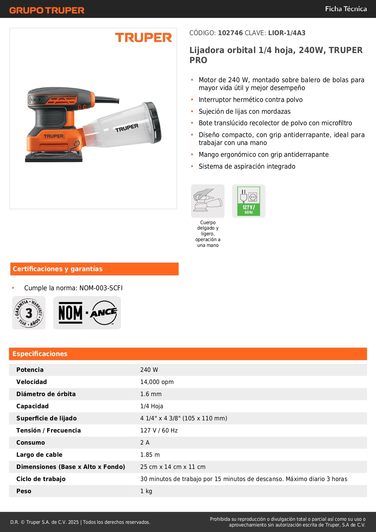 Lijadora Orbital 1/4 Hoja 240W TRUPER PRO LIOR-1/4A3 - Elimina Imperfecciones en Madera y Superficies con Sistema de Aspiración Integrado y Mango Ergonómico Antiderrapante