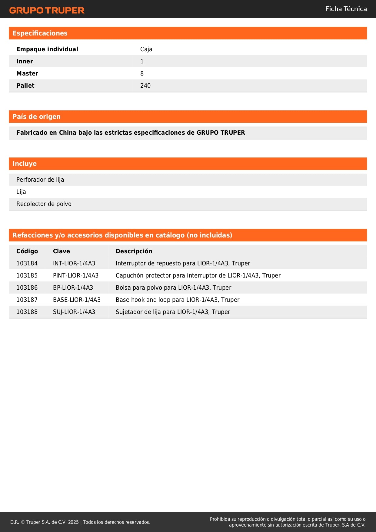 Lijadora Orbital 1/4 Hoja 240W TRUPER PRO LIOR-1/4A3 - Elimina Imperfecciones en Madera y Superficies con Sistema de Aspiración Integrado y Mango Ergonómico Antiderrapante