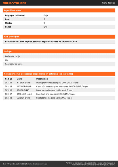 Lijadora Orbital 1/4 Hoja 240W TRUPER PRO LIOR-1/4A3 - Elimina Imperfecciones en Madera y Superficies con Sistema de Aspiración Integrado y Mango Ergonómico Antiderrapante
