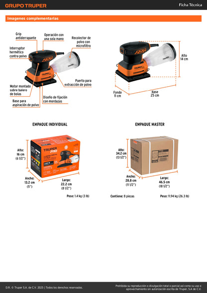 Lijadora Orbital 1/4 Hoja 240W TRUPER PRO LIOR-1/4A3 - Elimina Imperfecciones en Madera y Superficies con Sistema de Aspiración Integrado y Mango Ergonómico Antiderrapante