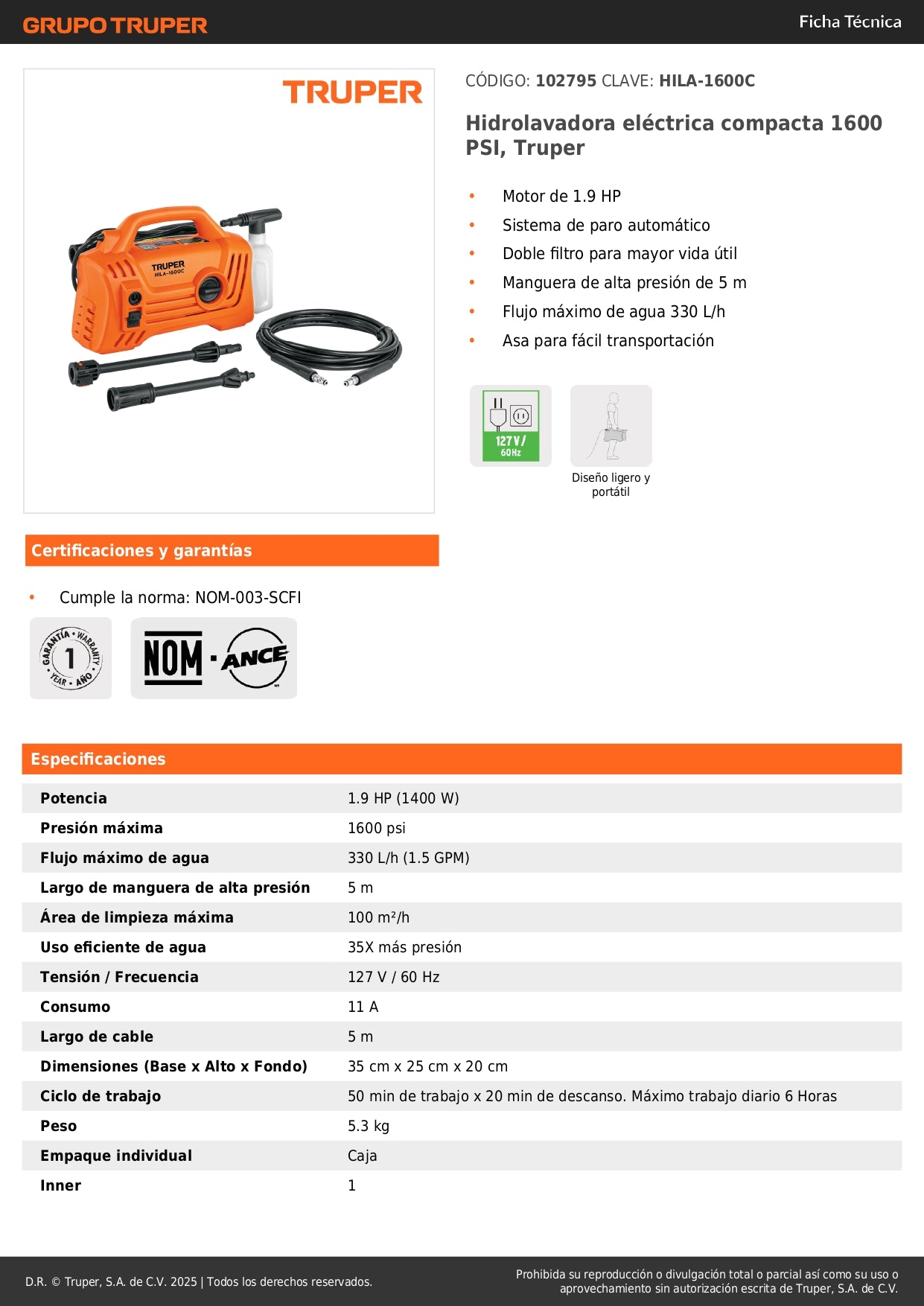 Hidrolavadora eléctrica compacta 1600 PSI, Truper