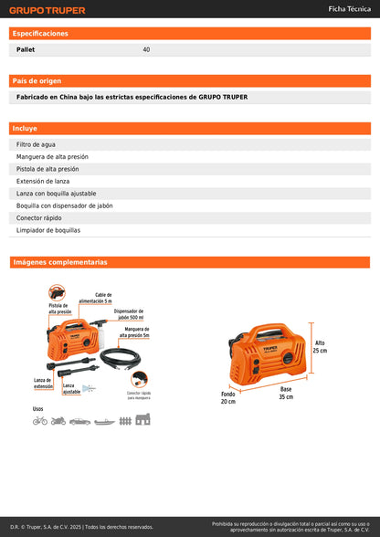 Hidrolavadora eléctrica compacta 1600 PSI, Truper