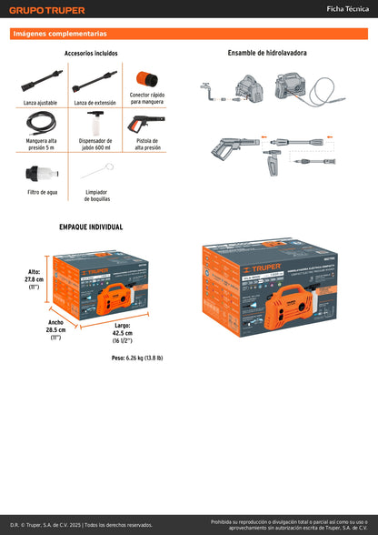 Hidrolavadora eléctrica compacta 1600 PSI, Truper