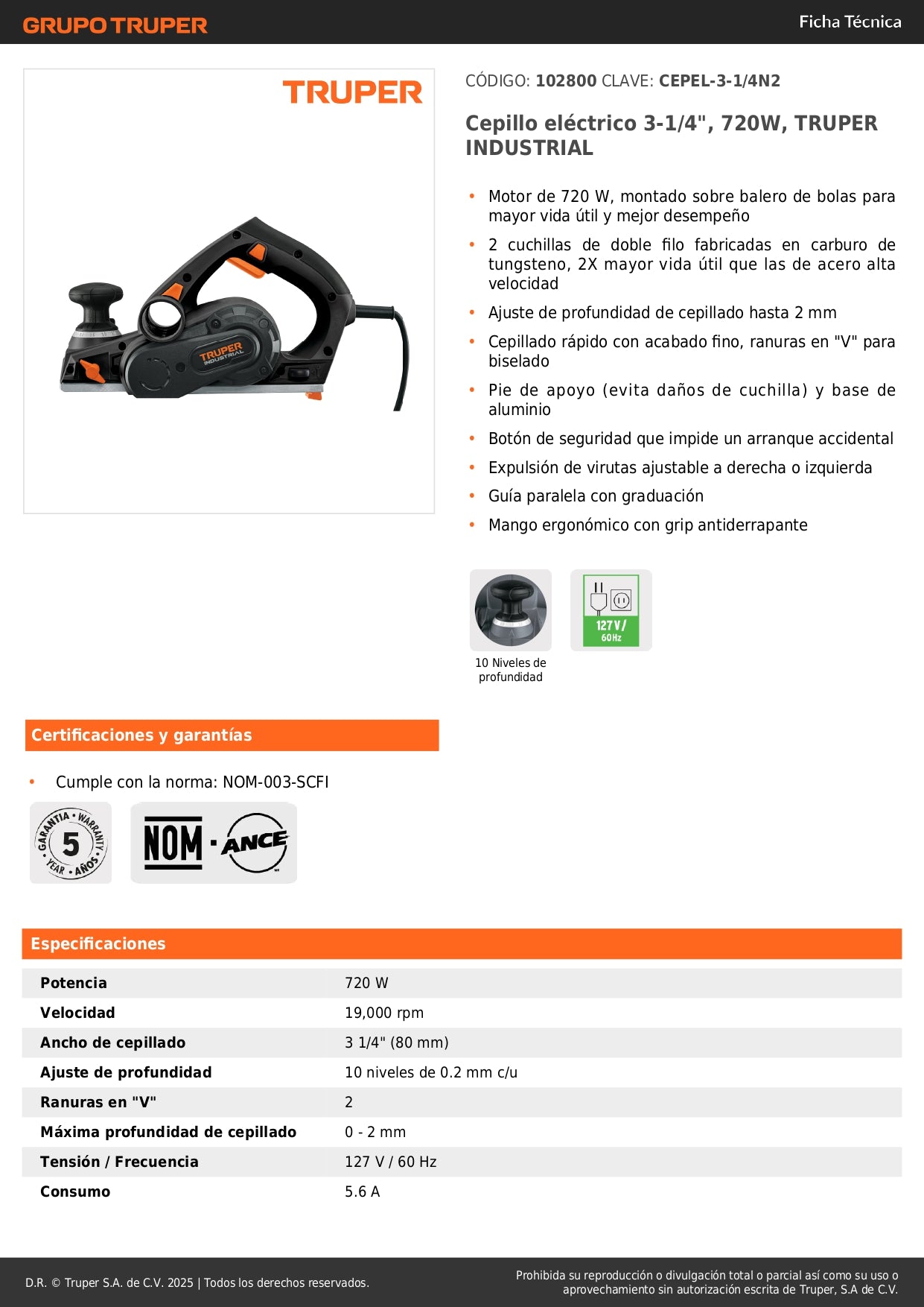 Cepillo Eléctrico TRUPER 3-1/4" 720W Industrial - Acabado Profesional Madera - Cuchillas Carburo Tungsteno - CEPEL-3-1/4N2